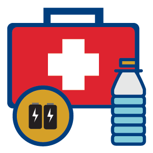 Emergency kit, batteries, water
