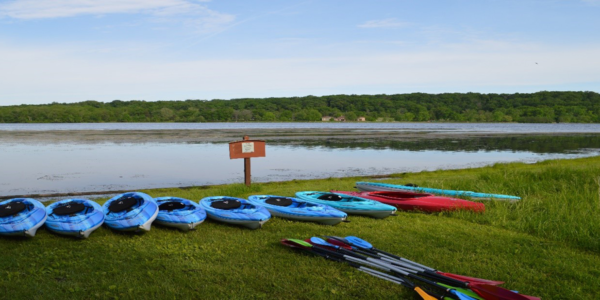Blue rental kayaks and a pile of paddles sitting on the shore of a lake