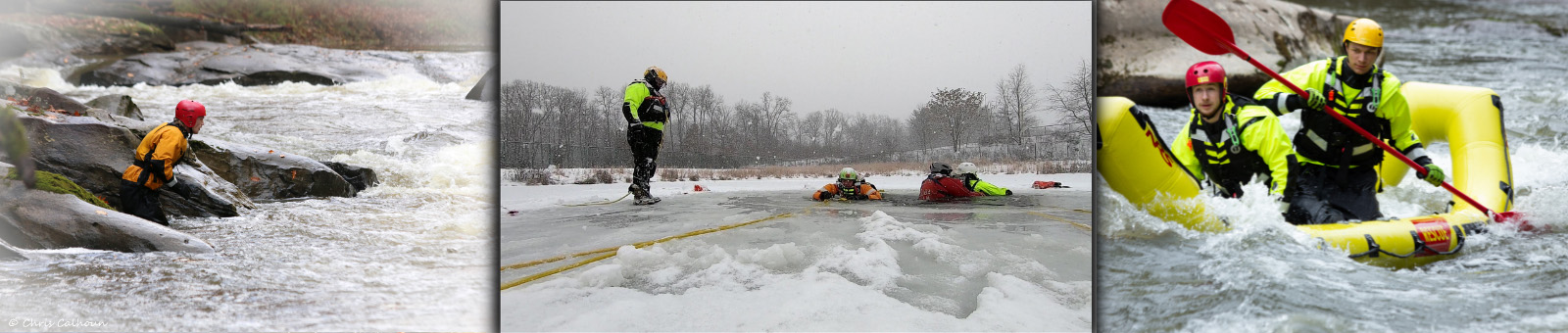 Three images depicting water rescue techniques: on the ice and swiftwater rescue