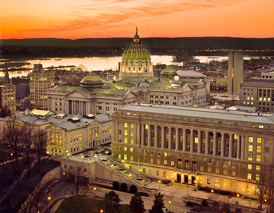 A sunset view of the Pennsylvania State Capitol complex in Harrisburg