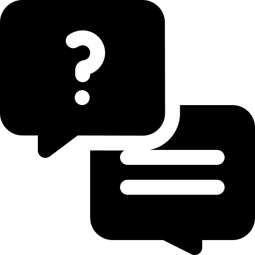 Two conversation bubbles meant to look like a text conversation with the first having a question mark inside the bubble