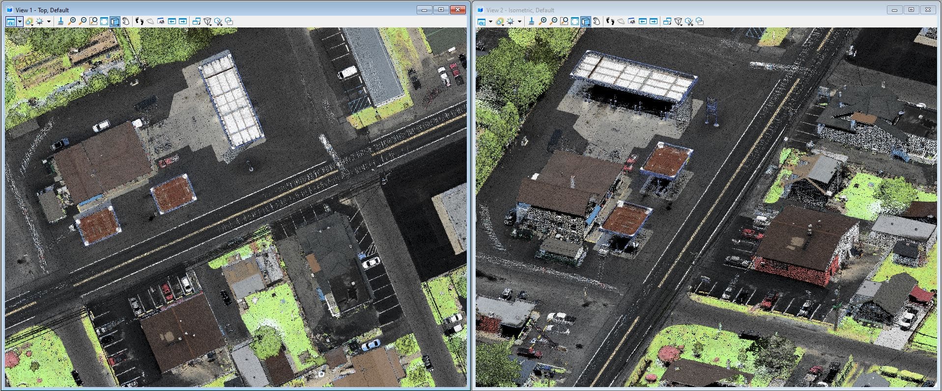 A drone-based LiDAR image, which is a tool to improve geospatial data collection, shows a two-lane roadway with large buildings and homes on either side of the roadway.