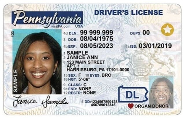 An image of a Pennsylvania REAL ID compliant driver's license. An image of a driver's license with a photo of a woman smiling is on the left. The word 'Pennsylvania' sits above the image and the woman's signature sites underneath. To the right is information about her including her name, address, height, eye color, etc., and a star to indicate that it's a REAL ID driver's license.