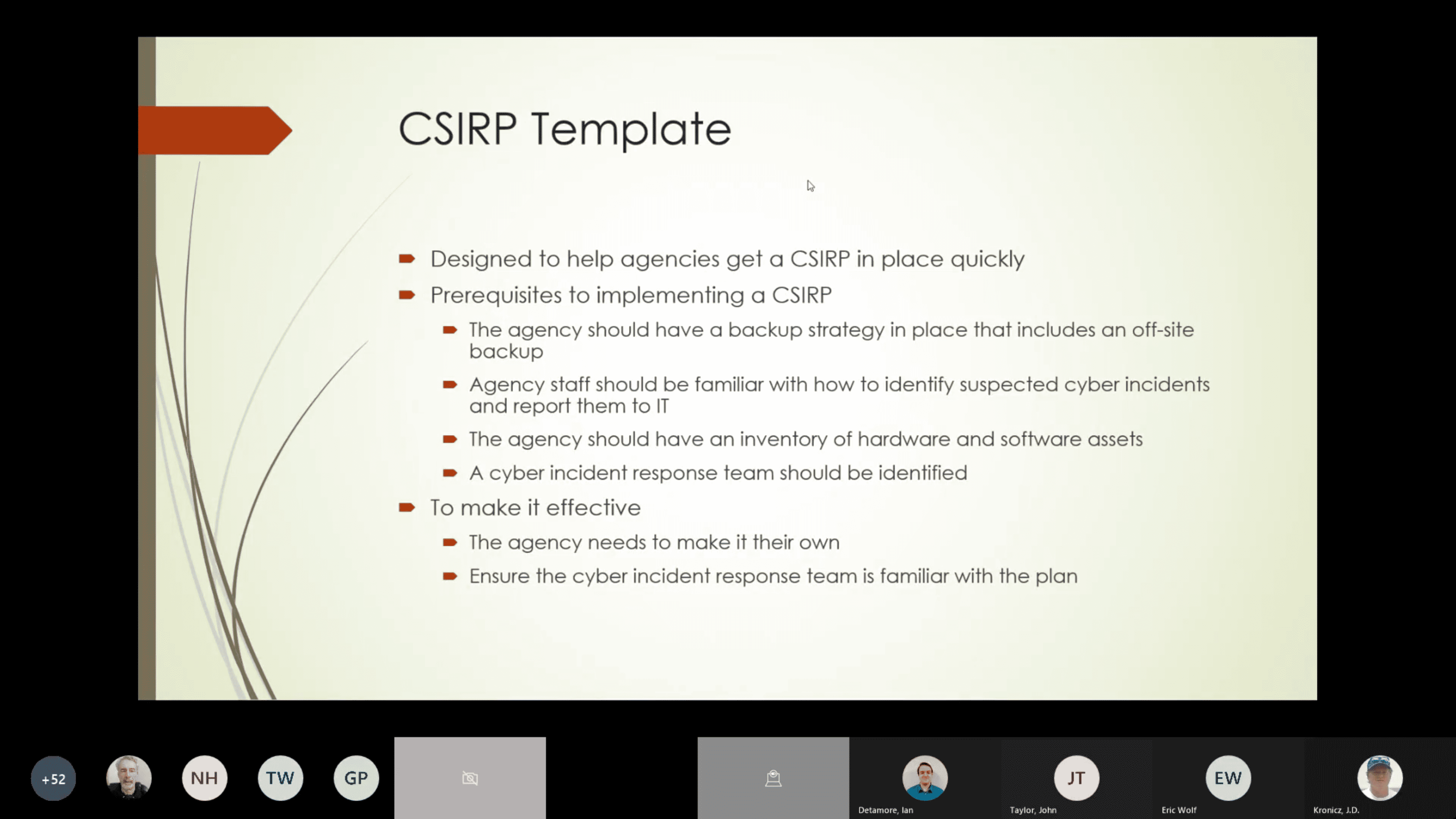 A screenshot from a webinar discussing the creation of a cybersecurity incident response plan.