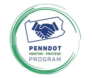 A logo with a blue image of two hands shaking inside a blue outline of Pennsylvania. Below the image are the words 'PennDOT Mentor-Protégé Program.' A green circle outlines the entire image.