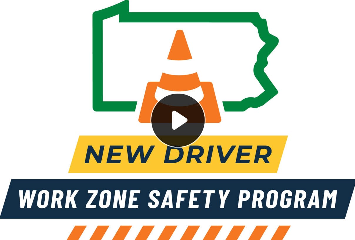 An image of an orange construction cone in the center surrounding by a green outline of Pennsylvania. Below it sits the words 'New Driver Work Zone Safety Program.'