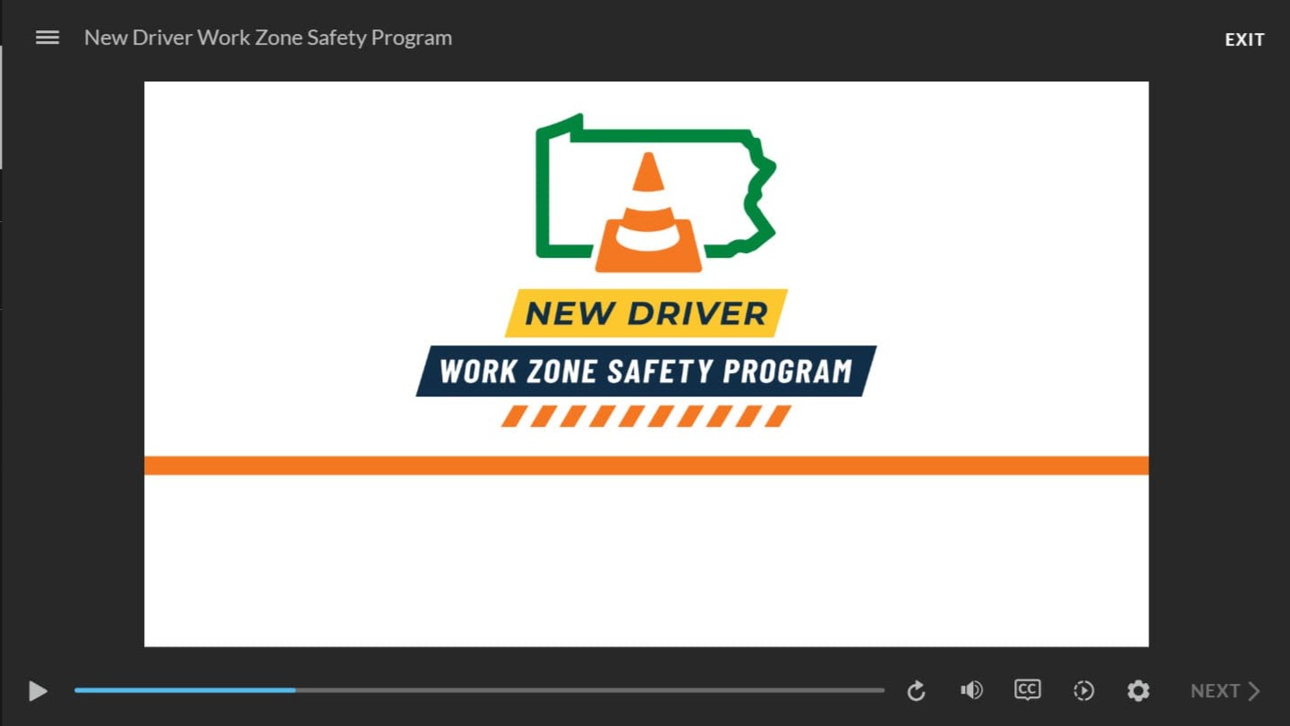 An image of an orange construction cone in the center surrounding by a green outline of Pennsylvania. Below it sits the words 'New Driver Work Zone Safety Program.
