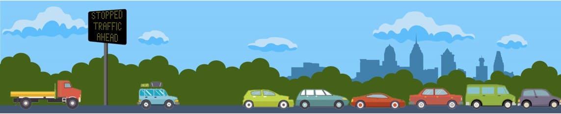 An infographic showing cars driving on a roadway in the foreground and a city scape in the background. A sign next to the roadway says, 'Stopped Traffic Ahead.'