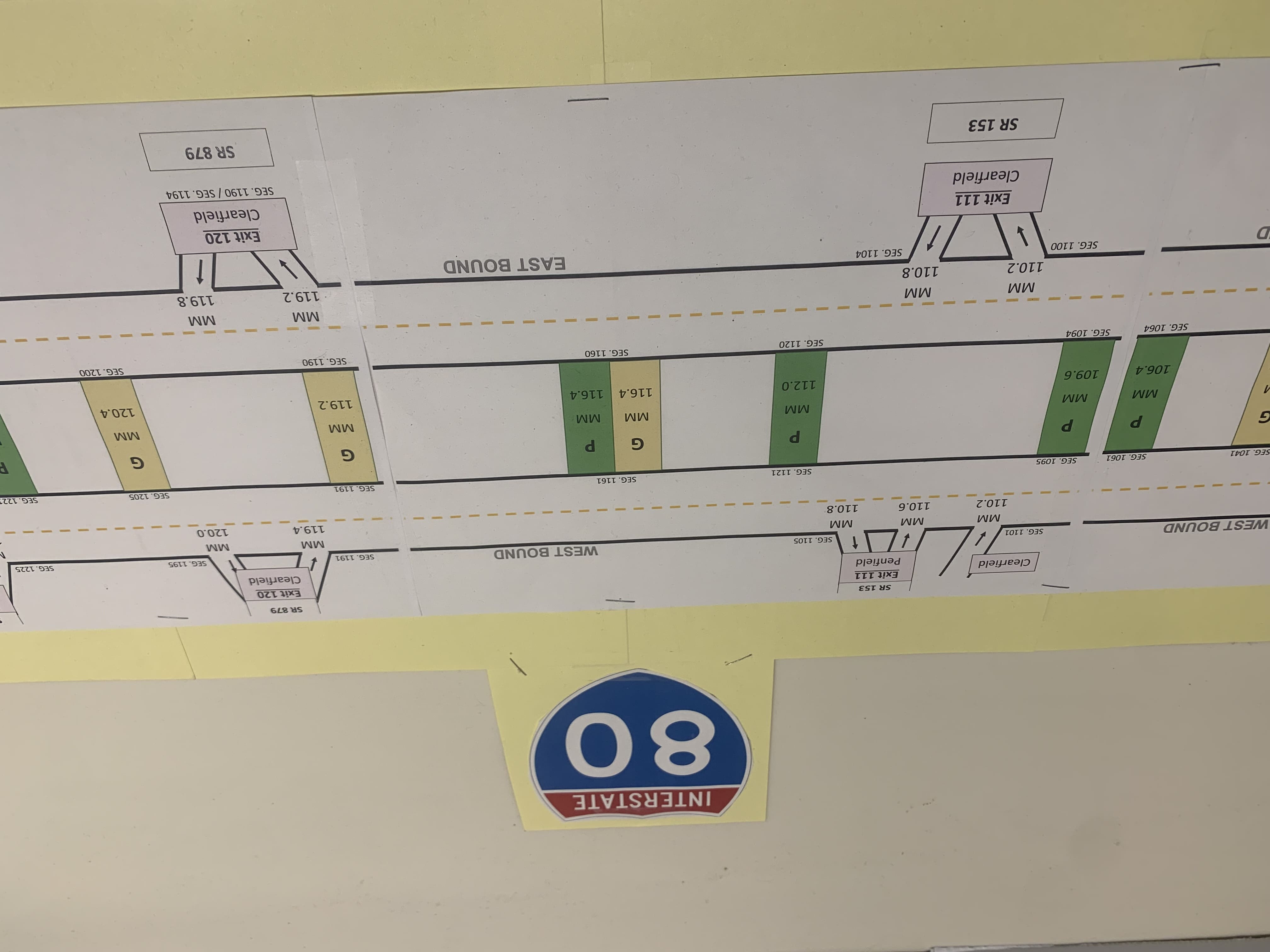 A long piece of paper showing an interstate and its mile markers and crossover points is laid out on a table.