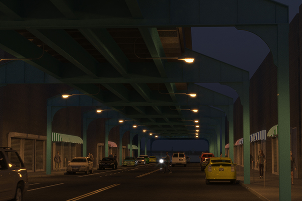 Urban city with yellow traditional lights that make seeing pedestrians and cars difficult.