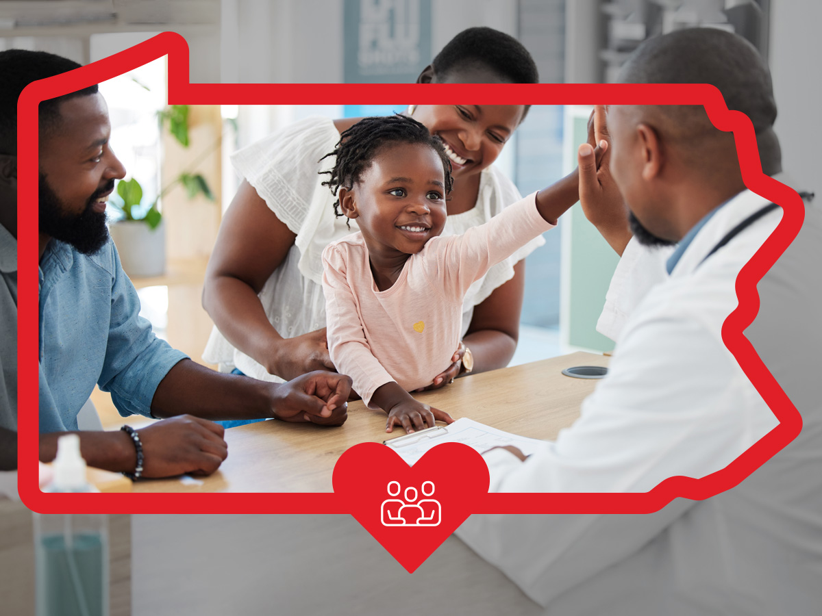 Young girl giving her doctor a high-five with her parents inside the PA state frame.