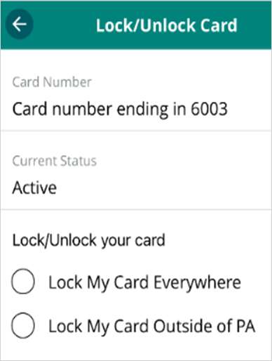 EBT Lock/Unlock Card options including: Card number; Current Status; Lock/Unlock your card.