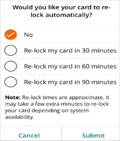 EBT auto re-lock options include: No; Re-lock my card in 30 minutes; Re-lock my card in 60 minutes; Re-lock my card in 90 minutes. Note: Re-lock times are approximate. It may take a few extra minutes to re-lock your card depending on system availability.