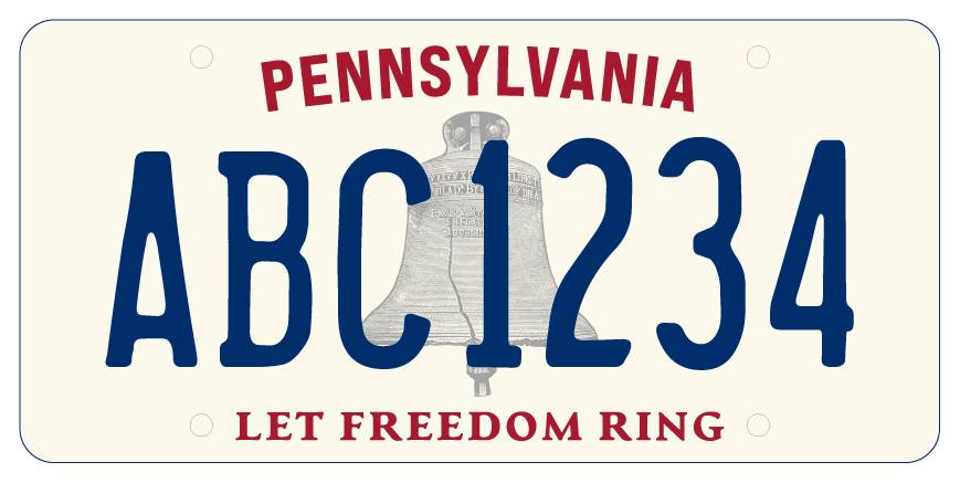 Pennsylvania license plate with a graphic of the Liberty Bell and the text, “Pennsylvania” and “Let Freedom Ring.” The plate has a white background with large blue letters and numbers. 