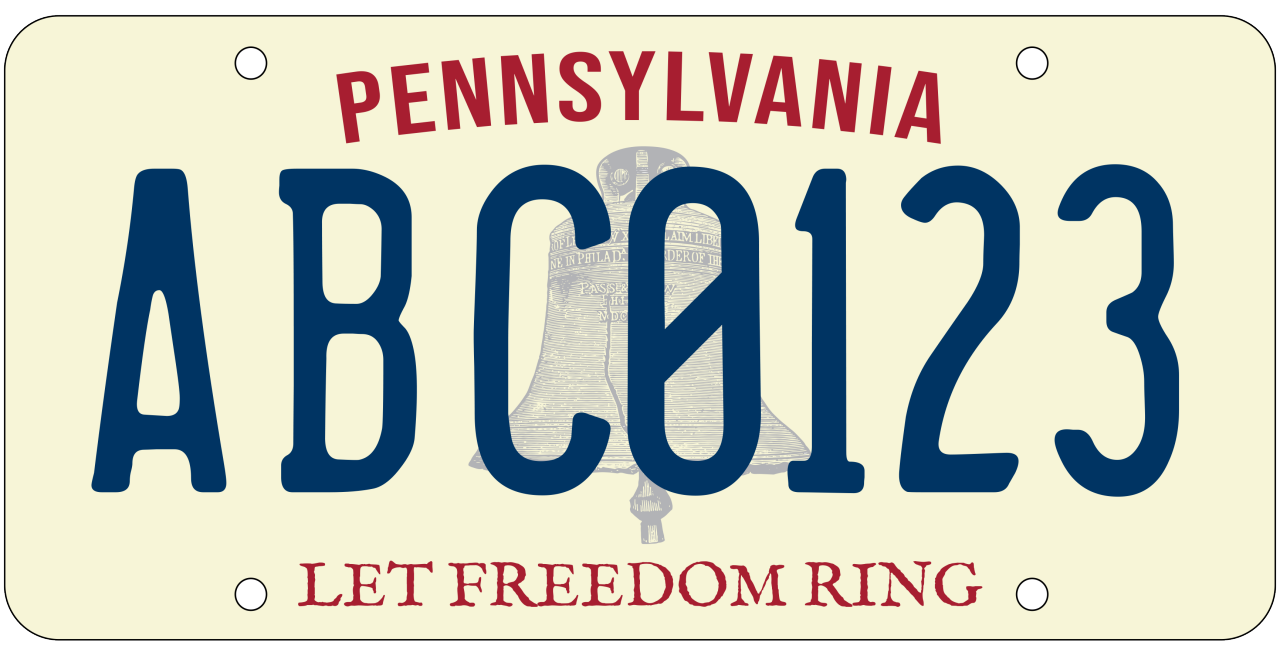 Pennsylvania license plate with a graphic of the Liberty Bell and the text, “Pennsylvania” and “Let Freedom Ring.” The plate has a white background with large blue letters and numbers. 