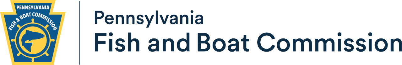 Blue and yellow keystone with a fish inside a captains wheel to the left of the text "Pennsylvania Fish and Boat Commission"
