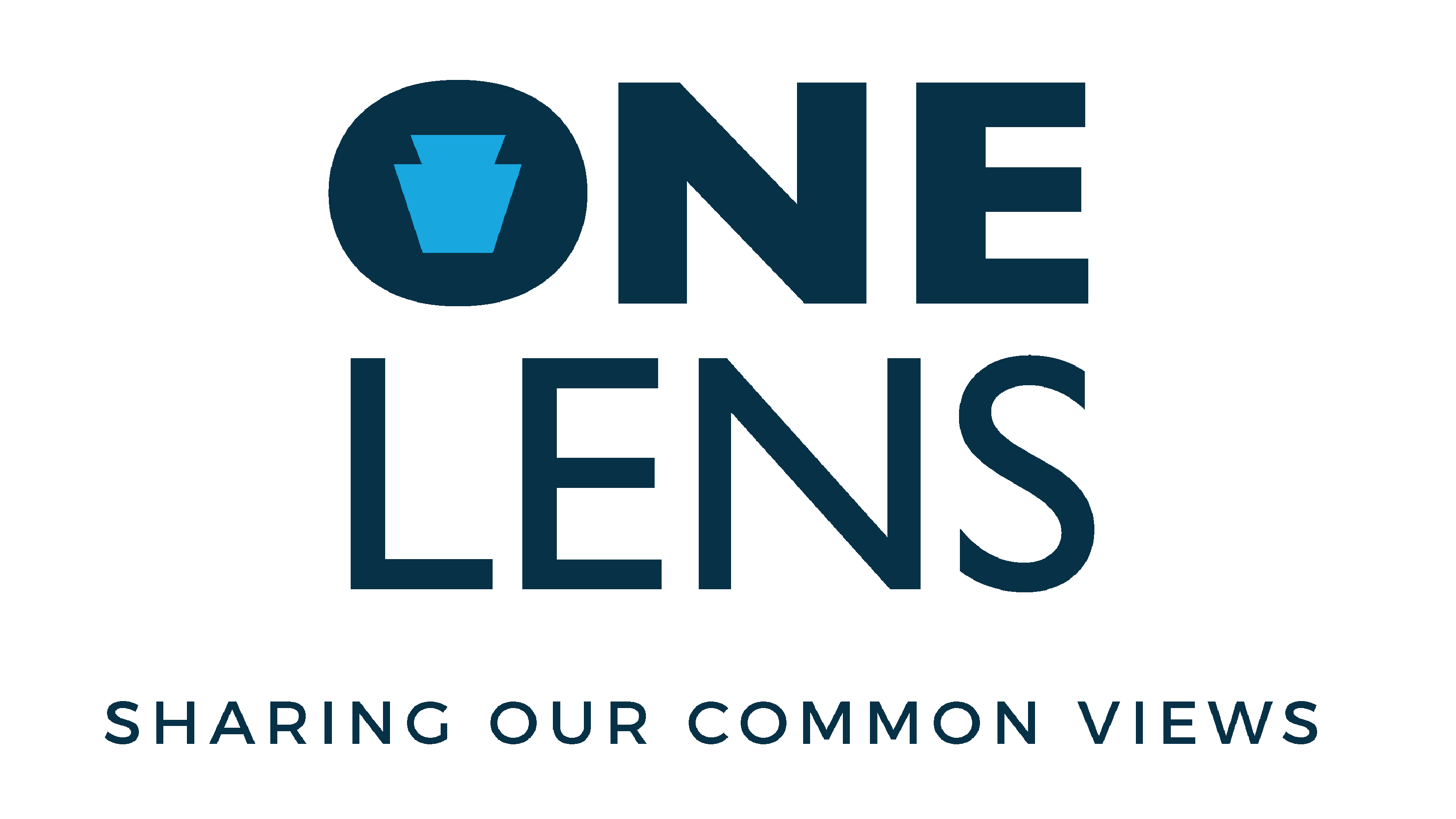 "One Lens: Sharing Our Common Views" in blue font on a white background with a keystone in the middle of the first 'O'